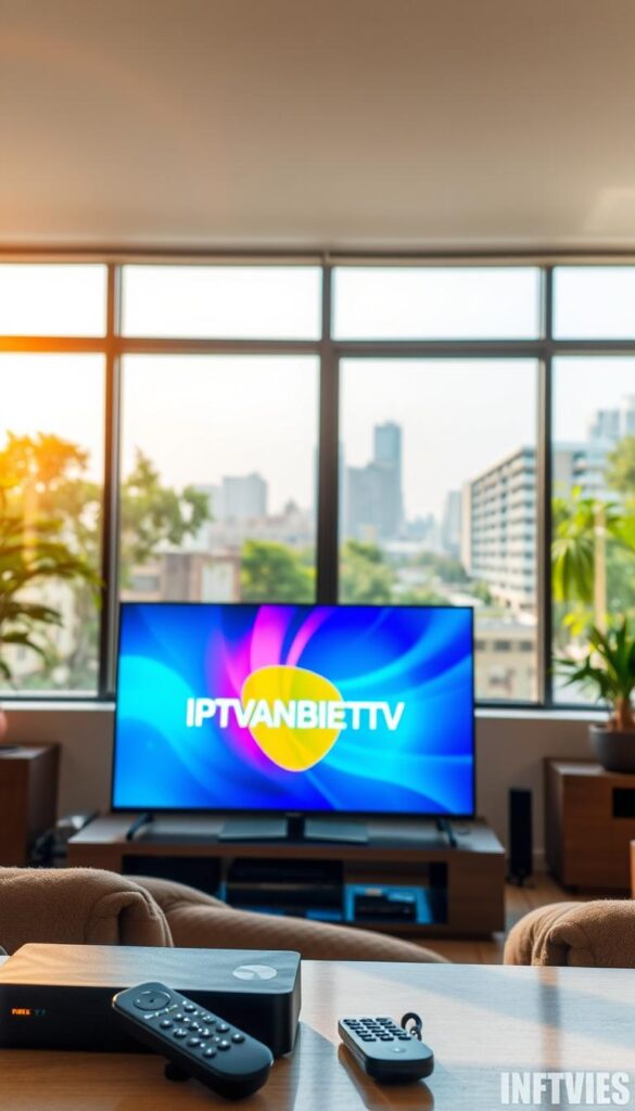A well-lit modern living room with a large, flat-screen TV prominently displayed. The TV screen shows a vibrant, colorful interface with the IPTVANBIETERTV brand name displayed prominently. The room is filled with natural light, creating a warm and inviting atmosphere. In the foreground, there are various electronic devices, such as a streaming box and remote controls, suggesting the ease of use and accessibility of IPTV technology. The middle ground features a comfortable couch and a coffee table, creating a cozy viewing environment. The background showcases large windows, offering a scenic view of a city skyline or lush greenery, symbolizing the wide range of content and entertainment options available through IPTV.