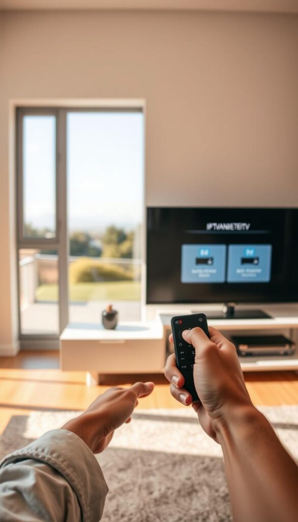 A well-lit, modern living room with a sleek smart TV on a minimalist entertainment center. The TV screen displays the IPTVANBIETERTV interface, showcasing a clean and intuitive setup process. In the foreground, a person's hands are gently navigating the TV's remote control, guiding the installation. The room is bathed in warm, natural lighting, creating a welcoming and approachable atmosphere. The background features a large window overlooking a serene outdoor scene, further enhancing the sense of simplicity and ease. The overall composition emphasizes the straightforward and user-friendly nature of the IPTV installation on the smart TV.
