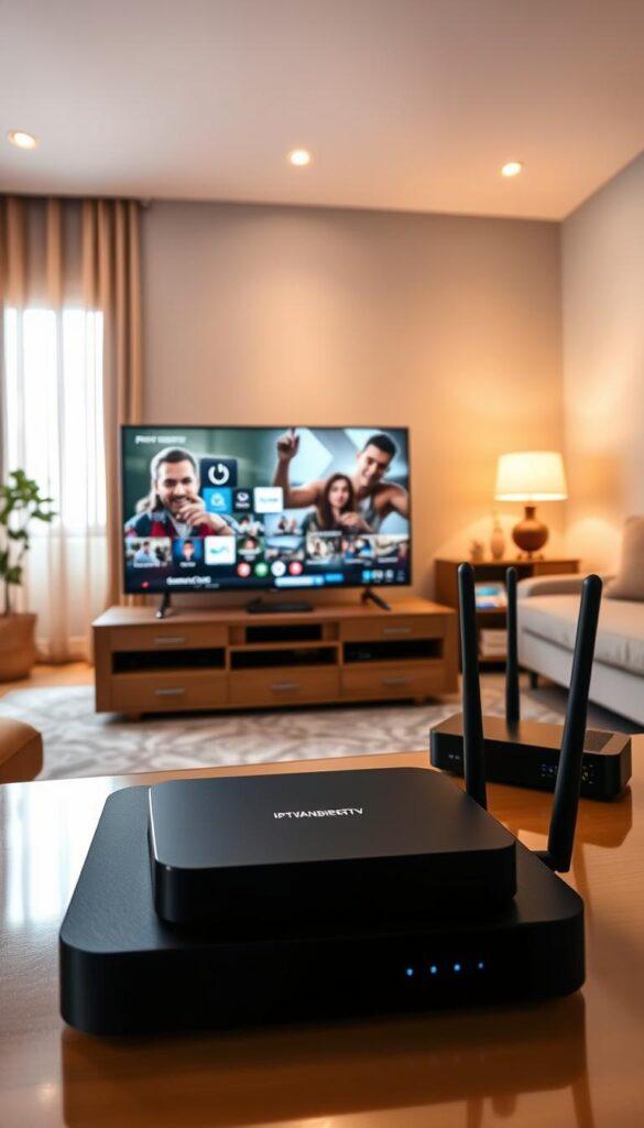 A well-lit, modern living room with various IPTV streaming devices prominently displayed. A sleek IPTVANBIETERTV box takes center stage, surrounded by a smart TV, media player, and wireless router. The devices are arranged in a visually appealing manner, highlighting their compatibility and integration. Warm, diffused lighting creates a cozy atmosphere, while the room's minimalist design and neutral color palette draw focus to the technology. The scene conveys the ease and versatility of IPTV streaming in a contemporary, high-quality home entertainment setup.