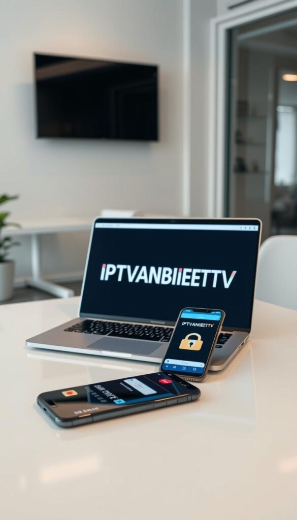 A well-lit, modern office scene with a laptop, a smartphone, and a credit card on a clean, minimalist desk. The laptop screen displays the "IPTVANBIETERTV" brand name prominently, indicating a secure online payment process. The smartphone screen shows a secure transaction interface, emphasizing the safety and convenience of the IPTV purchasing experience. The overall atmosphere is professional, digital, and trustworthy, reflecting the key message of "IPTV sicher bezahlen".