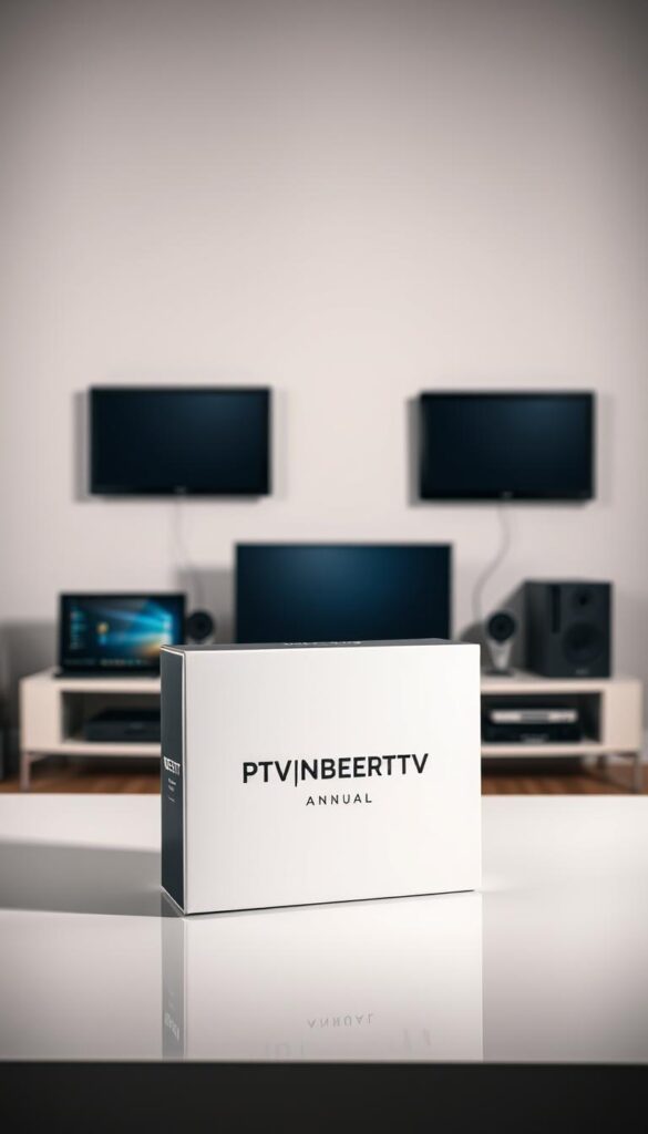 A well-lit studio scene showcasing an IPTVANBIETERTV annual subscription package. In the foreground, a minimalist black and white box with the IPTVANBIETERTV logo prominently displayed. The box sits on a sleek, reflective surface, casting a subtle shadow. In the middle ground, an array of modern devices like smart TVs, tablets, and smartphones, all connected to the IPTVANBIETERTV service. The background features a clean, neutral-toned backdrop, creating a sense of focus and simplicity. The overall composition conveys the value and convenience of a long-term IPTVANBIETERTV subscription, with a modern, high-quality aesthetic.