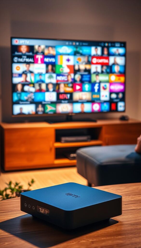 A well-lit studio setup capturing an IPTVANBIETERTV media player device in the foreground. The device has a sleek, modern design with a matte black finish and clean lines. It is placed on a minimalist wooden table, surrounded by a few simple decorative elements like plants or books to create a cozy, inviting atmosphere. The middle ground features a television screen displaying a diverse array of international TV channels, reflecting the breadth of the IPTV service. The background shows a softly blurred living room environment, suggesting the domestic setting where this IPTV experience would be enjoyed. The lighting is warm and natural, creating depth and highlighting the details of the device and TV content.