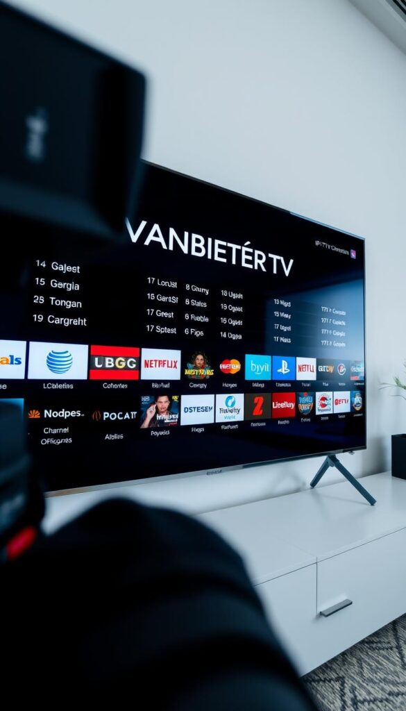 A wide-angle camera captures a comprehensive IPTV channel list for German audiences, presented on a sleek, modern interface against a minimalist background. The interface prominently displays the brand "IPTVANBIETERTV" in a clean, bold typeface. The channel list is organized into distinct categories, allowing viewers to easily navigate the extensive selection of local and international programming. The overall composition conveys a sense of professionalism and attention to detail, reflecting the high-quality IPTV service on offer.