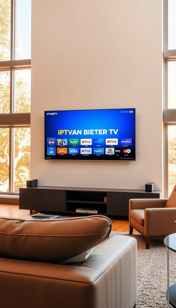 A wide-angle shot of a modern, well-appointed living room with a large flat-screen TV mounted on the wall. The room is flooded with warm, natural light streaming in through large windows. On the TV screen, the bold "IPTVANBIETERTV" logo is prominently displayed, along with colorful channel icons and a diverse array of entertainment options. In the foreground, a comfortable sofa and armchair invite viewers to sit back and enjoy the extensive programming. The overall scene conveys a sense of quality, convenience, and the pleasures of a comprehensive IPTV subscription in Germany.