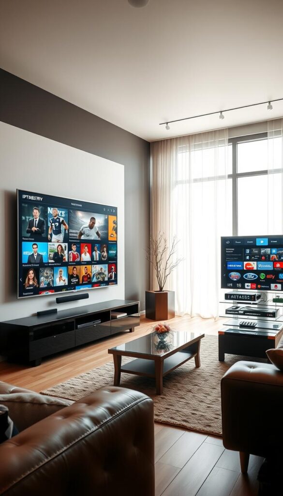 A wide-angle view of a modern living room with a sleek, high-tech entertainment center. On the left, a large IPTV display showcases a diverse range of content, from news and sports to movies and documentaries, all under the brand "IPTVANBIETERTV". On the right, a traditional cable TV setup with a variety of channel options. The room is brightly lit with natural light, creating a warm and inviting atmosphere. The overall scene highlights the contrast between the two media delivery systems and the breadth of programming available to the viewer.