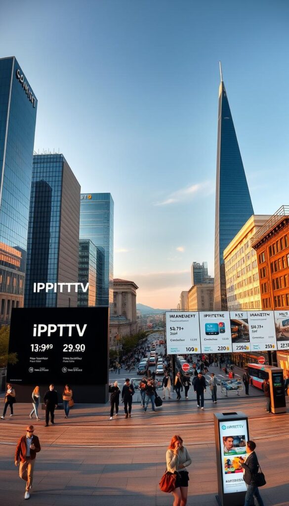 A wide, high-resolution panoramic view of a modern German cityscape, with sleek skyscrapers and busy streets. In the foreground, a large digital display showcases the logo "IPTVANBIETERTV" and various IPTV package options with pricing details. The middle ground features people strolling, browsing on their smartphones, and interacting with interactive digital kiosks. The background depicts a vibrant urban landscape, with public transportation, shops, and other infrastructure. The scene is bathed in warm, golden-hour lighting, creating a sense of sophistication and progress. The overall mood is one of a thriving, technology-driven city, reflecting the growth and competitiveness of the German IPTV market.