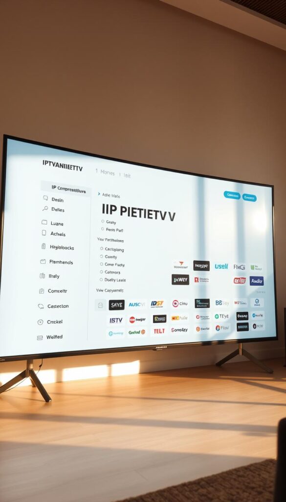 A wide screen display showcasing a sleek and modern user interface for an IPTV service in Germany. The interface prominently features the "IPTVANBIETERTV" brand, with a clean, minimalist design that highlights a comprehensive list of German television channels. The layout is organized into clear sections, allowing easy navigation through the available content. The display is bathed in warm, natural lighting, creating a visually appealing and inviting atmosphere. The overall impression is one of a high-quality, user-friendly IPTV service that provides access to a diverse range of German programming.