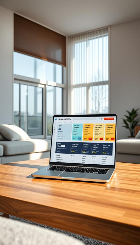 A wide shot of a modern, minimalist living room, bathed in soft, natural light streaming through large windows. On a sleek, wooden coffee table, a laptop displays the homepage of IPTVANBIETERTV, showcasing various IPTV service plans and pricing options. The room has a warm, inviting atmosphere, with cozy furniture and subtle decor elements. The composition emphasizes the laptop screen, drawing the viewer's attention to the IPTV service comparison and highlighting the accessible, affordable nature of the offerings.
