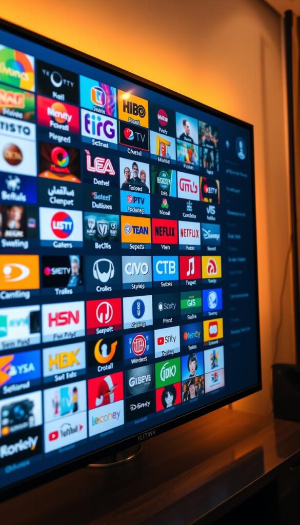 A wide variety of high-definition IPTV channels, displayed on a modern 4K smart TV with sleek black bezels. The channels are organized into intuitive sections, with a vibrant electronic program guide featuring the IPTVANBIETERTV brand logo. The screen is illuminated by warm, diffused lighting, creating a cozy and inviting atmosphere. The camera angle is slightly elevated, showcasing the comprehensive channel selection and the premium television experience. The overall scene conveys a sense of abundance, convenience, and technological sophistication.