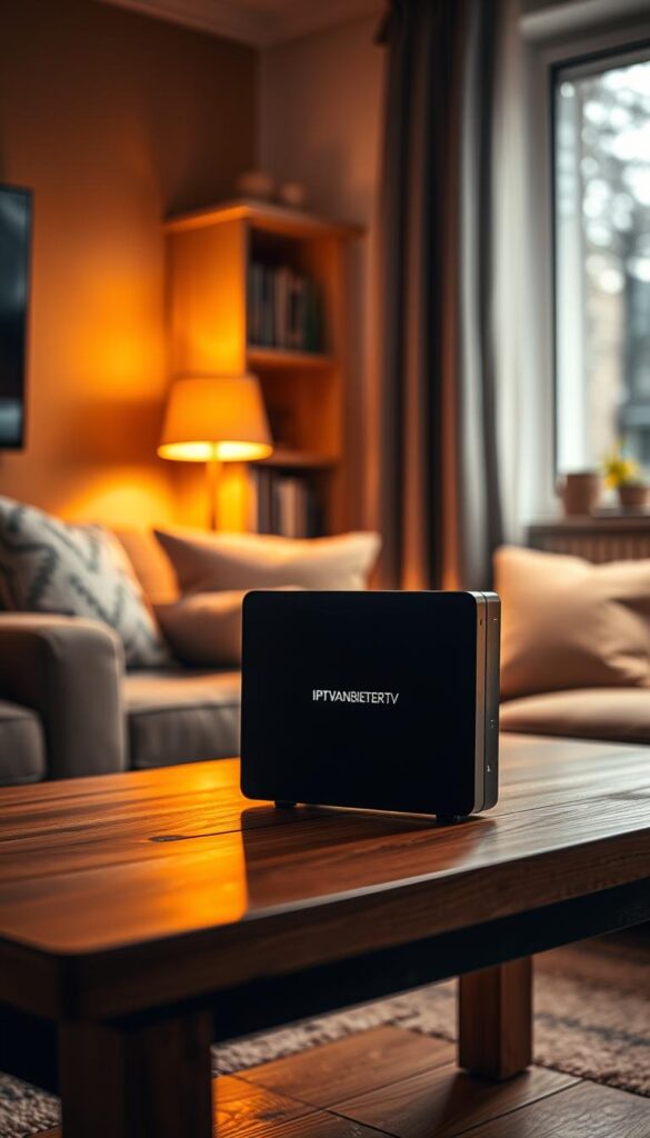 An IPTV box standing prominently on a wooden table, casting a warm glow in a cozy, well-lit living room. The box features the brand name "IPTVANBIETERTV" in a sleek, modern font. The scene conveys a sense of comfort and entertainment, suggesting the versatility and convenience of IPTV in a German household. The lighting is soft and inviting, with a mix of natural and artificial sources illuminating the space. The camera angle is slightly elevated, capturing the box in a central position, emphasizing its importance as the focal point of the image.