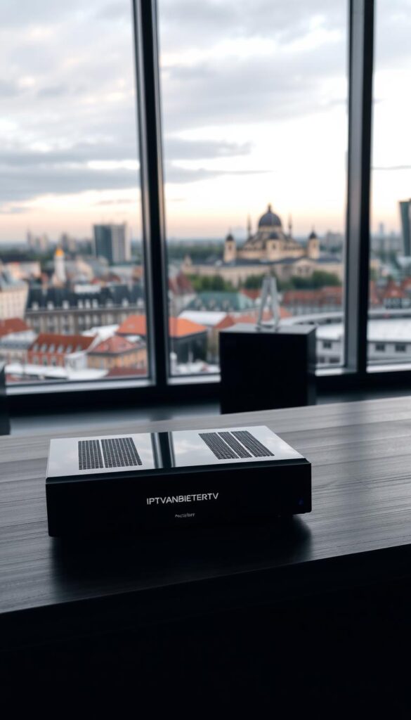 An IPTV receiver in Hamburg, Germany, sitting on a sleek, modern wooden entertainment unit. The receiver has a minimalist, black design with a crisp OLED display showcasing the IPTVANBIETERTV brand name. The lighting is soft and diffused, creating a warm, inviting atmosphere. In the background, a large window offers a panoramic view of the Hamburg cityscape, with the iconic Elbphilharmonie concert hall visible in the distance. The scene conveys a sense of urban sophistication and the promise of an optimal TV viewing experience.