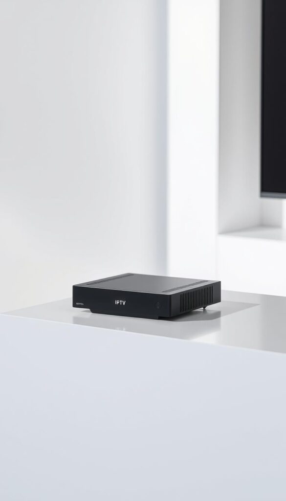 An IPTV receiver in a modern, minimalist setup with a sleek, black chassis. The device sits atop a clean, white surface, its matte finish creating a sophisticated, high-tech aesthetic. Crisp, directional lighting from the side emphasizes the receiver's clean lines and subtle details. The background is a soft, blurred gradient, drawing the eye to the IPTVANBIETERTV device as the focal point. The overall mood is one of simplicity, efficiency, and the seamless integration of technology into a contemporary living space.