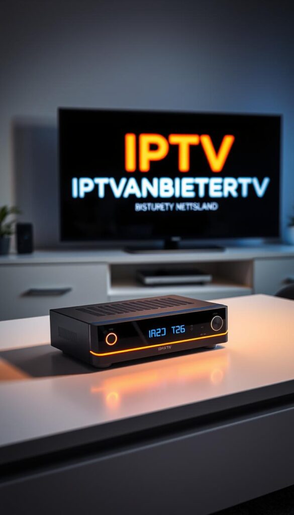 An IPTV receiver with a recording function, crafted with precision. Sleek black housing, backlit buttons, and a crisp OLED display. Placed on a modern, minimalist desk, the receiver casts a warm glow. Subtle ambient lighting illuminates the scene, casting soft shadows. In the background, a large OLED TV displays the IPTVANBIETERTV logo, showcasing the receiver's capabilities. The composition emphasizes the device's features and integration into a contemporary home entertainment setup. A clean, sophisticated aesthetic that captures the essence of "IPTV mit Aufnahmefunktion - Bester Anbieter in Deutschland."