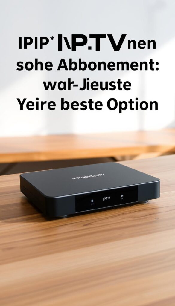An IPTV receiver without monthly costs, sleek and modern in design, sits atop a minimalist wood-grain table. Soft, natural lighting bathes the scene, highlighting the receiver's clean lines and matte black finish. The IPTVANBIETERTV logo is discreetly displayed on the front panel, conveying a sense of quality and reliability. In the background, a simple, uncluttered wall provides a neutral backdrop, allowing the device to take center stage. The overall atmosphere is one of sophistication and practicality, perfectly suited to illustrate the section on "IPTV kaufen ohne Abonnement - Ihre beste Option".