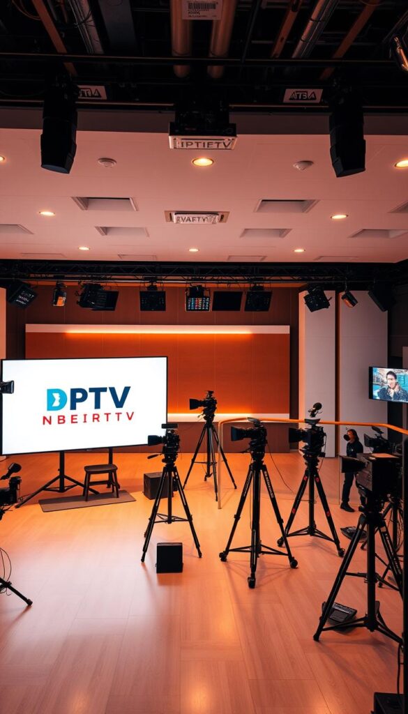 An aerial view of a modern international television studio with state-of-the-art equipment and technology. The scene is bathed in warm, soft lighting, creating a professional and inviting atmosphere. In the foreground, a large monitor displays the IPTVANBIETERTV logo, showcasing the brand's identity. In the middle ground, various cameras, microphones, and other broadcasting gear are neatly arranged, indicating a well-organized and efficient workflow. The background features a minimalist, yet stylish set design with clean lines and neutral colors, allowing the focus to remain on the technological aspects of IPTV. The overall composition conveys a sense of sophistication, innovation, and global connectivity, reflecting the international nature of the IPTV service.