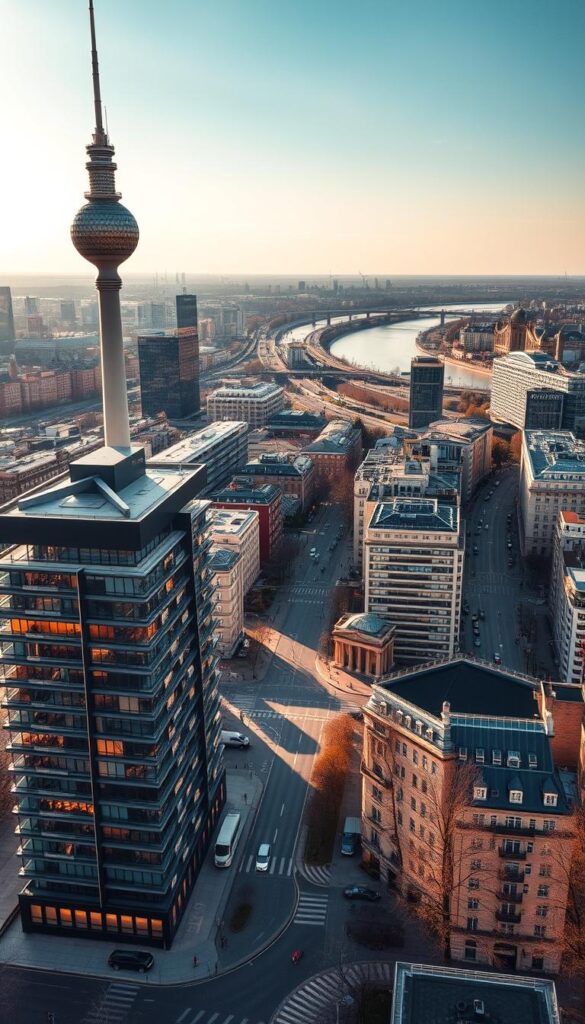 An aerial view of the vibrant city of Berlin, Germany, captured in stunning high-definition. The bustling skyline is dominated by the iconic TV Tower, its sleek silhouette reaching towards the sky. In the foreground, a modern apartment complex with sleek, angular architecture stands out, showcasing the city's progressive urban design. The streets below teem with activity, with cars and pedestrians moving with purpose. Warm, golden lighting casts a cozy glow over the scene, creating a sense of energy and life. In the distance, the glistening waters of the Spree River wind through the cityscape, reflecting the surrounding buildings. This image beautifully illustrates the growing popularity of IPTV in Berlin, with the IPTVANBIETERTV brand prominently featured, offering a seamless and immersive viewing experience for residents and visitors alike.