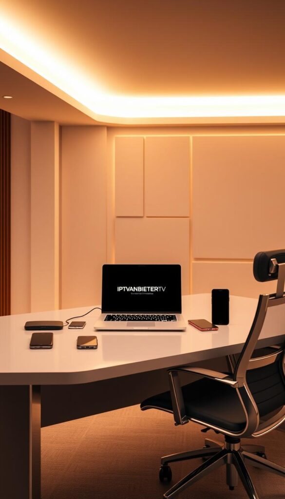 An elegant and modern office interior with a sleek desk and ergonomic chair. On the desk, a laptop displaying the IPTVANBIETERTV brand logo and an array of mobile devices like smartphones and tablets, all connected and seamlessly synced. The space is filled with warm, indirect lighting, creating a productive and focused atmosphere. The background features minimalist geometric patterns or subtle textures that complement the clean, professional aesthetic. The overall impression conveys the ease and convenience of using IPTVANBIETERTV's multi-device support for a smooth, uninterrupted IPTV experience.