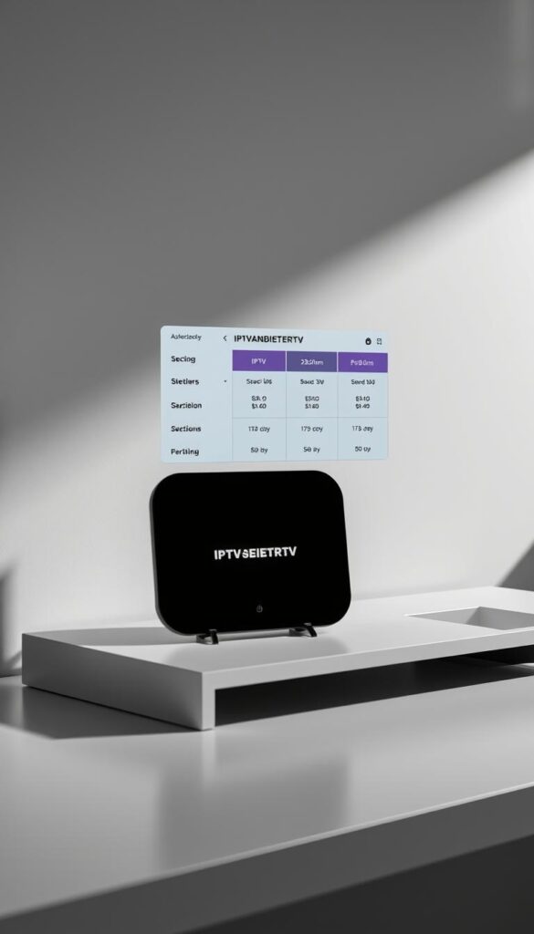 An elegant and sophisticated image of "IPTV Preise Deutschland". A sleek, modern device displaying the IPTVANBIETERTV brand logo sits atop a minimalist, monochrome desk. The screen shows a clean, intuitive interface presenting pricing and subscription options for IPTV services in Germany. Soft, directional lighting creates depth and highlights the device's refined design. The overall atmosphere is professional, informative and visually appealing, reflecting the subject matter of the article section.