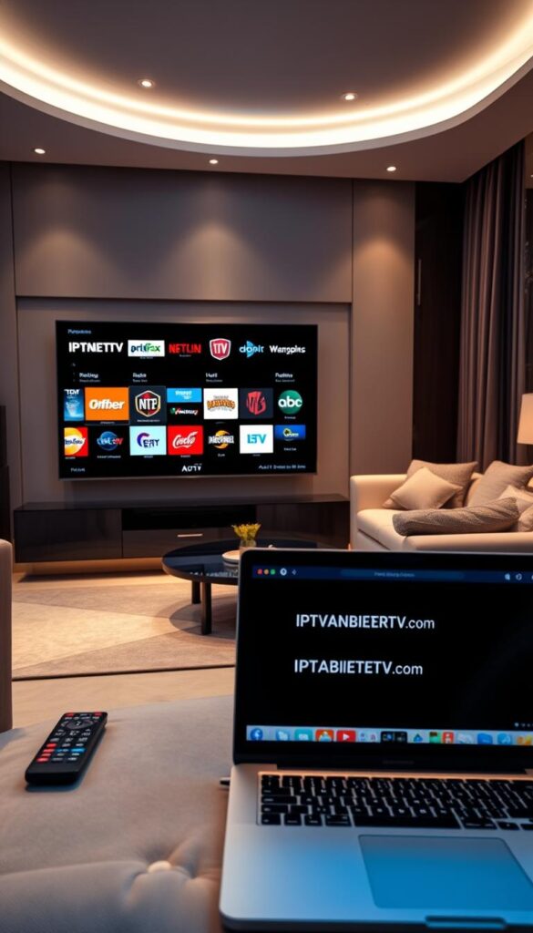 An elegant high-tech living room with sleek modern furniture and large flatscreen TV displaying an IPTV interface with various adult channel logos. The lighting is soft and ambient, creating a cozy atmosphere. In the foreground, a remote control and a laptop with the IPTVANBIETERTV.com website open. The scene conveys a sense of discreet, premium entertainment in a sophisticated home setting.