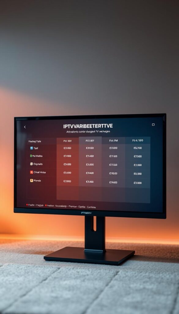 An elegant, minimalist digital display showcasing the attractive IPTV packages from IPTVANBIETERTV, against a soft, blurred background. The screen presents a clean, easy-to-navigate interface, highlighting the key details of the various pricing tiers, from the most basic to the premium options. The layout is modern and visually appealing, with subtle gradients and a muted color palette that exudes a sense of professionalism and reliability. Subtle lighting casts a warm glow, creating a cozy, inviting atmosphere. The overall impression is one of a reliable, premium IPTV service provider offering excellent value for money.