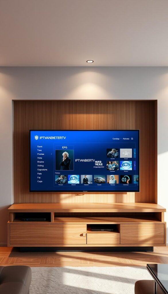 An elegant modern living room with a large flatscreen TV displaying an Electronic Program Guide (EPG) interface. The TV is mounted on a minimalist floating wall unit in a warm wood tone. The room is bathed in soft, diffused lighting from concealed sources, creating a cozy and inviting atmosphere. The EPG interface prominently displays the IPTVANBIETERTV brand name, showcasing a clean and intuitive user experience. The scene conveys the convenience and functionality of a smart IPTV system with an integrated EPG, perfect for the discerning home entertainment enthusiast.