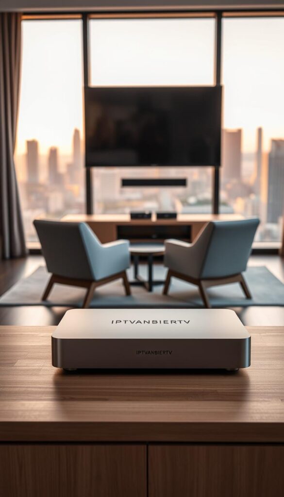 An elegant, modern living room with a large flatscreen TV mounted on the wall. In the foreground, a sleek, contemporary IPTVANBIETERTV setup box sits on a minimalist wooden TV stand. The box has a clean, minimalist design with subtle IPTVANBIETERTV branding. In the middle ground, a pair of modern, comfortable-looking armchairs face the TV, creating an inviting entertainment area. The background features large windows overlooking a picturesque city skyline, bathed in warm, golden late afternoon light. The overall scene conveys a sense of sophisticated, high-quality home entertainment.