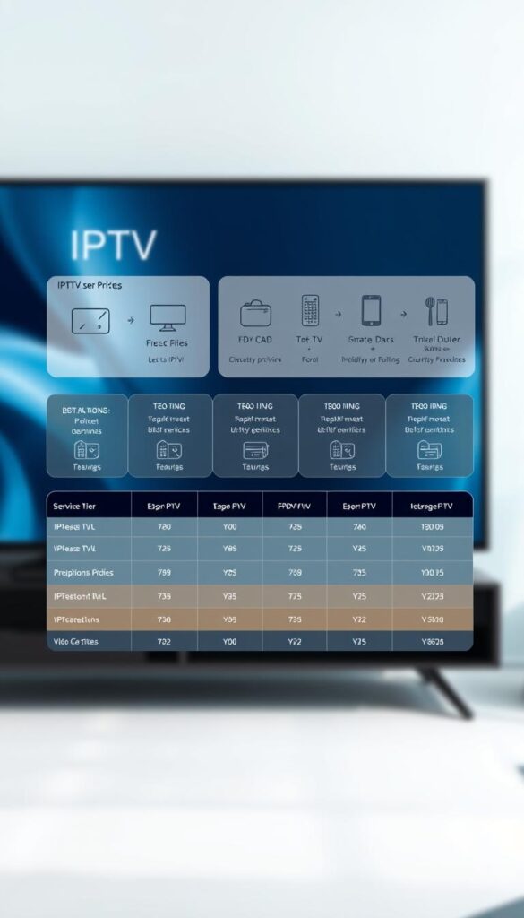 An elegant, sleek illustration of IPTV tariff options from IPTVANBIETERTV. The foreground depicts a stylized grid or table layout, showcasing different service tiers and pricing. The middle ground features crisp icons and infographic elements to highlight key features. The background has a soft, blurred gradient in a cool, calming color palette to draw the viewer's focus. The overall composition conveys a sense of professionalism, clarity, and consumer-friendly information design. Lighting is soft and diffused, with a subtle depth of field for a premium, magazine-style aesthetic.