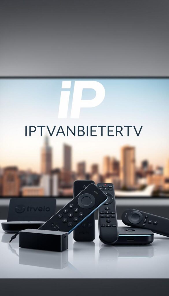An elegantly designed IPTVANBIETERTV logo floats against a backdrop of sleek, modern technology. The logo is rendered in a bold, clean typeface with a subtle gradient effect, exuding a sense of professionalism and reliability. In the middle ground, a series of smart devices, including a Firestick and various remote controls, are arranged in a harmonious, minimalist composition, suggesting the seamless integration of IPTV technology into the home entertainment setup. The background features a softly blurred cityscape, hinting at the urban, connected nature of the IPTV service. The overall scene conveys a sense of sophistication, efficiency, and the future of home entertainment in Deutschland.