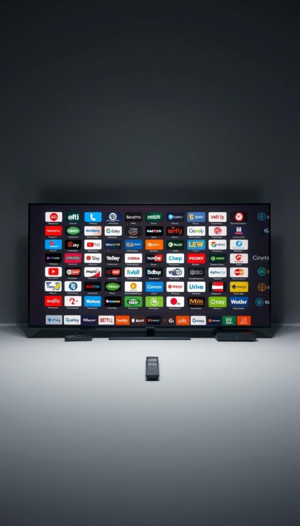An expansive IPTV control panel showcasing the diverse range of channels offered by IPTVANBIETERTV. In the foreground, a sleek, modern user interface displays a grid of channel logos, each emanating a soft, ambient glow. The middle ground features an array of remote controls and streaming devices, highlighting the seamless integration of the IPTV service. The background is a minimalist, grey-toned studio setting, illuminated by soft, directional lighting that casts subtle shadows, creating a sense of depth and professionalism. The overall mood is one of technological sophistication and content abundance, reflecting the comprehensive nature of the IPTVANBIETERTV service.