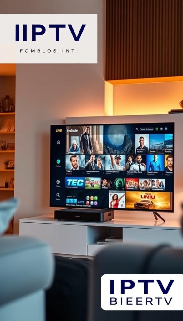 An expansive IPTV offering tailored for Berlin's discerning viewers. A cozy living room with warm lighting sets the scene, showcasing a sleek, modern IPTVANBIETERTV set-top box on a minimalist TV stand. The display presents a rich array of entertainment options, from international news to the latest blockbusters, catering to the diverse tastes of the city's residents. The room's ambiance evokes a sense of comfort and immersion, inviting the viewer to settle in and explore the comprehensive IPTV package available to Berliners. Subtle, elegant branding seamlessly blends into the overall composition, highlighting the premium quality of the service.