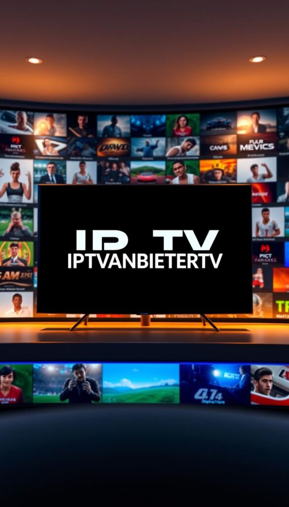 An expansive IPTV service platform, IPTVANBIETERTV offers a vast library of 4K video content spanning movies, TV shows, live channels, and sports events. A sleek, modern interface showcases the service's breadth, with a visually striking hero image featuring the brand name prominently displayed against a backdrop of high-definition video thumbnails. The scene is illuminated by warm, diffused lighting, creating a sense of quality and professionalism. The composition utilizes a shallow depth of field, drawing the viewer's eye to the central IPTVANBIETERTV branding while subtly blurring the surrounding content offerings. This image effectively captures the comprehensive, premium nature of the IPTVANBIETERTV IPTV service.