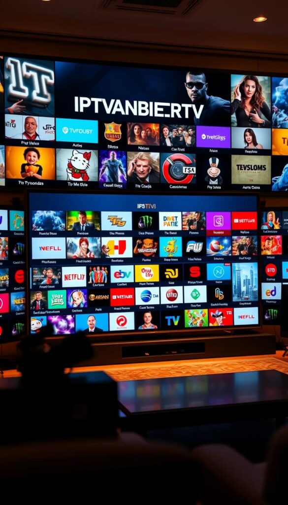 An expansive and vibrant IPTV channel offering, showcasing a vast array of entertainment options across multiple genres. A sleek and modern interface displays the IPTVANBIETERTV brand prominently, with a clean and organized layout that allows easy navigation through the extensive channel selection. The scene is bathed in warm, soft lighting, creating a welcoming and inviting atmosphere. The midground features a diverse array of channel icons, each conveying the unique content available, while the background subtly hints at the global reach and comprehensive nature of the service. The overall composition strikes a balance between sophistication and user-friendliness, reflecting the service's ability to cater to a wide range of viewer preferences.