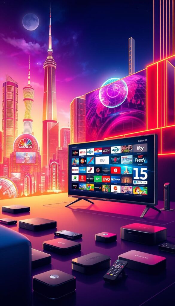 An expansive and vibrant illustration showcasing the future of television, a cutting-edge IPTV service provider, "IPTVANBIETERTV", offering a vast array of international channels. In the foreground, a sleek, high-definition smart TV displays a diverse selection of global programming, its screen reflecting the vivid colors and dynamic visuals. The middle ground features an array of modern streaming devices, each connected and ready to access the service's extensive library. In the background, a cityscape with towering skyscrapers and vibrant neon lights sets the scene, conveying a sense of technological advancement and cosmopolitan energy. The entire composition is bathed in a warm, futuristic glow, highlighting the seamless integration of IPTV technology into the modern home entertainment experience.