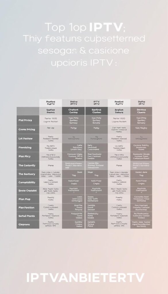 An expansive, elegantly designed infographic contrasting the key features and offerings of top IPTV service providers in Germany. The foreground showcases the IPTVANBIETERTV brand logo, rendered in a sleek, modern typeface against a minimalist backdrop. In the middle ground, neatly organized columns and rows present detailed side-by-side comparisons of plan pricing, channel selections, device compatibility, and other critical criteria. The background features a subtle gradient or texture that evokes the digital, tech-savvy nature of the IPTV industry. Overall, the image strikes a balance between professionalism and visual appeal, designed to educate and inform readers on the best IPTV options available in Deutschland.