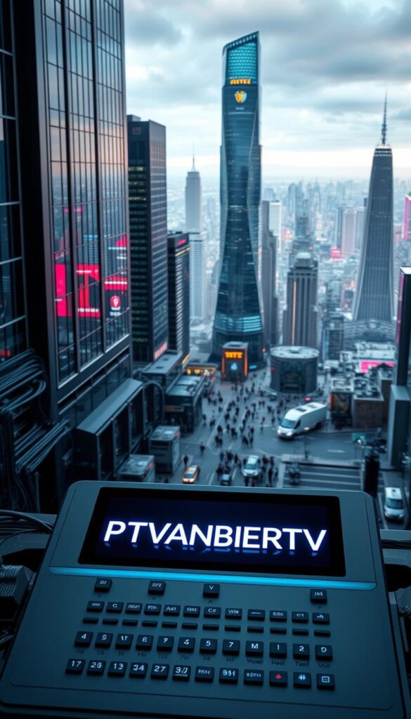 An expansive, futuristic cityscape with towering skyscrapers and gleaming glass facades. In the foreground, a sleek, modern control panel displays the IPTVANBIETERTV logo, its crisp edges and bold typeface illuminated by cool, diffused lighting. The panel is surrounded by a network of cables, servers, and other high-tech equipment, creating a sense of technological sophistication. The middle ground features a bustling urban environment, with people going about their daily lives, oblivious to the advanced infrastructure that powers their digital entertainment. In the background, a vibrant, neon-lit skyline stretches out, hinting at the vast, interconnected world of IPTV technology. The overall composition conveys the idea of a cutting-edge, seamlessly integrated IPTV system that is the backbone of modern media consumption.