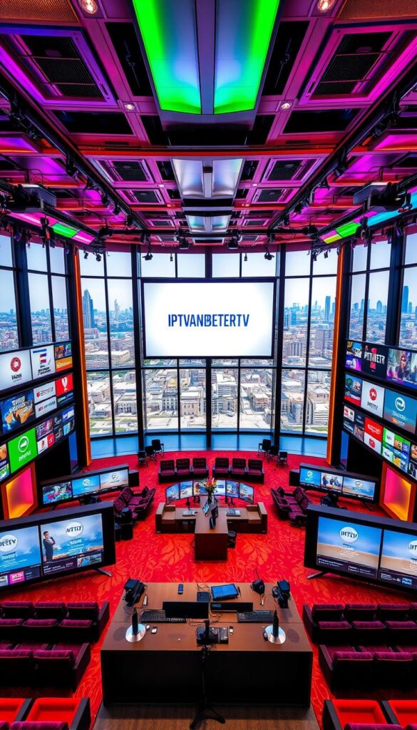 An expansive indoor setting showcasing a diverse array of international television channels and specialized programming offerings. Vibrant colors and dynamic lighting create an inviting and visually captivating atmosphere. In the foreground, a large central display screen showcases the IPTVANBIETERTV brand logo against a sleek, minimalist design. Surrounding the screen are various smaller displays highlighting international channel logos and specialized content. The middle ground features rows of comfortable seating and a modern, high-tech control center. In the background, floor-to-ceiling windows offer a panoramic view of a bustling cityscape, with skyscrapers and infrastructure visible in the distance. The overall composition conveys a sense of innovation, global connectivity, and a premium viewing experience.