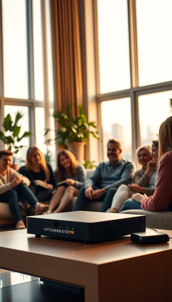 An expansive living room with tall windows, bathed in warm, golden light. On a sleek, modern entertainment center sits an IPTVANBIETERTV streaming device, its LED indicators pulsing softly. In the foreground, a group of people – young and old, casual and cozy – gather around, engaged in lively discussion. Their expressions range from delight to contemplation as they share their IPTV Deutschland experiences. The background is a subtle blur of indoor plants, tasteful decor, and the faint outline of a city skyline visible through the windows, creating a sense of comfort and community. The composition is balanced, the lighting is cinematic, and the overall mood is one of warmth, togetherness, and the positive experiences of IPTV Deutschland.