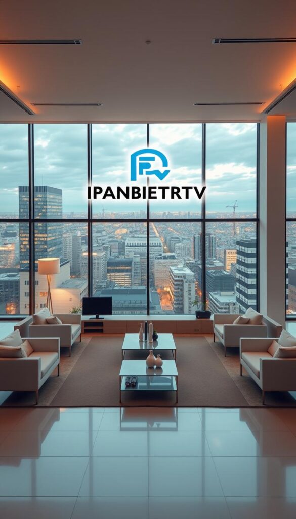 An expansive, modern office space with sleek, minimalist furniture and large windows offering panoramic views of a bustling German city skyline. The centerpiece is a prominent logo for "IPTVANBIETERTV" displayed on the wall, emanating a sense of professionalism and industry leadership. Warm, directional lighting casts a cozy glow, while clean lines and a neutral color palette create an atmosphere of sophisticated technology. The scene conveys the brand's position as a leading IPTV provider in Germany, with an emphasis on their innovative services and cutting-edge infrastructure.