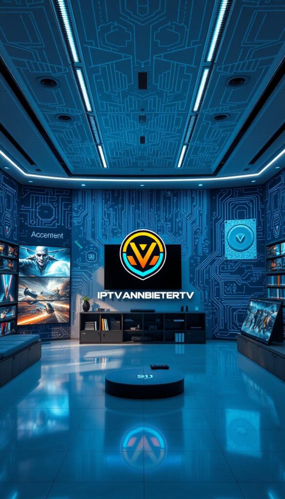 An expansive, modern streaming hub with a sleek, minimalist interface. A central IPTVANBIETERTV logo commands attention, flanked by vibrant visuals showcasing crisp 4K video, smooth 60fps playback, and a vast content library. The scene is bathed in cool, balanced lighting, creating an atmosphere of technological sophistication. In the background, intricate circuit board patterns and data visualizations hint at the robust infrastructure powering the service. The overall composition conveys a sense of reliable, high-quality IPTV streaming, ready to elevate the viewer's entertainment experience.