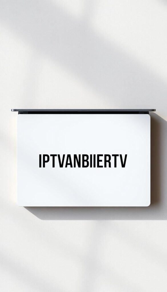 An expertly composed overhead view of a modern, minimalist laptop display showcasing the IPTVANBIETERTV brand name in a sleek, bold font against a subtly textured, neutral background. The laptop is placed on a clean, uncluttered surface, bathed in soft, directional lighting that casts gentle shadows, creating a sense of depth and emphasizing the product's elegant design. The composition is balanced, with the laptop positioned at a slight angle to add visual interest. The overall mood is one of sophistication, quality, and accessibility, perfectly capturing the essence of the "IPTV Deutschland günstig kaufen" subject.
