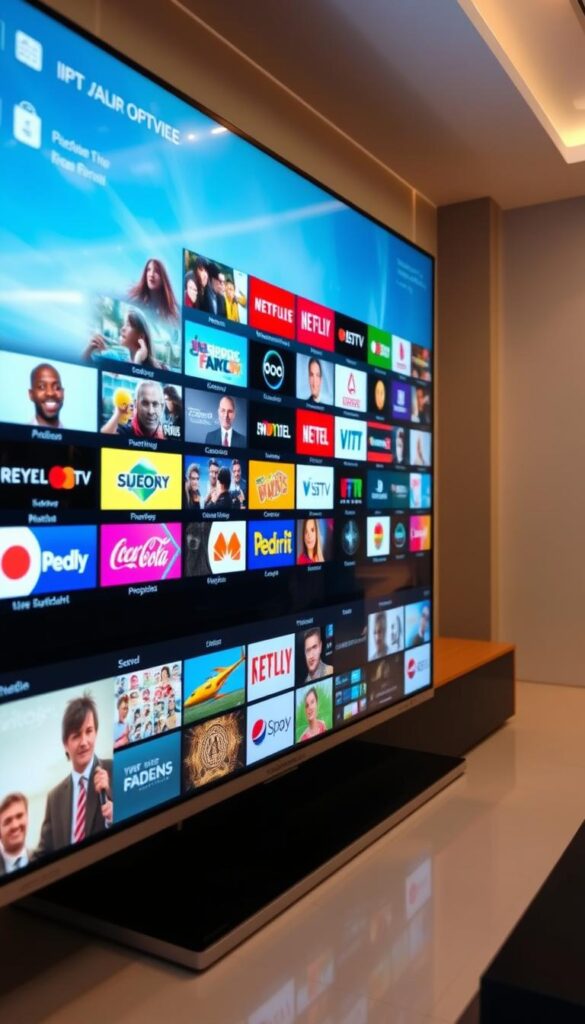 An extensive IPTV programming package with a wide variety of high-quality channels, displayed on a sleek, modern television set. The image showcases the comprehensive offering from IPTVANBIETERTV, with a focus on the diverse content and seamless user experience. The television screen dominates the frame, displaying a vibrant and colorful array of entertainment options. The overall scene exudes a sense of technological sophistication and media-rich entertainment, complemented by subtle lighting and a clean, minimalist design aesthetic.