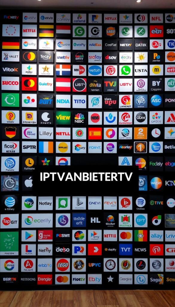 An extensive grid display of various television channel logos, emblems, and icons representing a comprehensive IPTV channel lineup. The layout is clean and organized, featuring a mix of popular domestic German channels as well as diverse international programming. The scene is illuminated by soft, diffused lighting, creating a professional and inviting atmosphere. In the center, the bold branding "IPTVANBIETERTV" is prominently displayed, conveying the core identity of the IPTV service provider. The overall composition effectively communicates the breadth and diversity of the channel offerings available to the viewer.