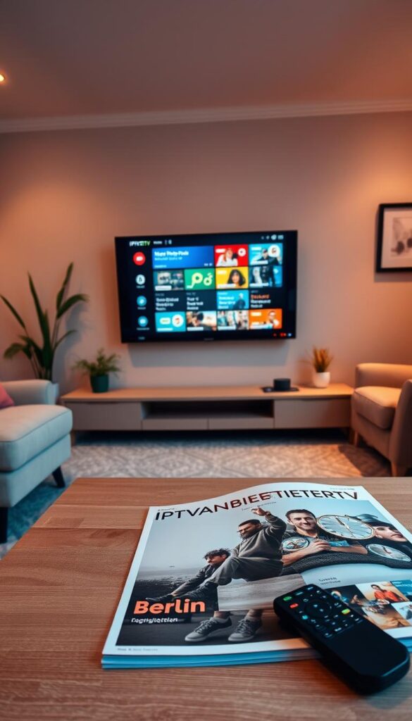 An image of a modern living room with a large flat-screen TV mounted on the wall. The room is bathed in warm, soft lighting, creating a cozy and inviting atmosphere. In the foreground, a coffee table with a remote control and a magazine featuring the "IPTVANBIETERTV" brand prominently displayed. On the TV screen, a menu interface showcasing various IPTV tariff options for Berlin, highlighting the "Günstige Preise und flexible Tarifoptionen". The middle ground features comfortable seating, such as a plush sofa and armchair, encouraging a relaxed viewing experience. The background includes subtle decor elements, such as potted plants and wall art, adding to the overall aesthetic. The image conveys a sense of affordability, flexibility, and the convenience of IPTV services in Berlin.