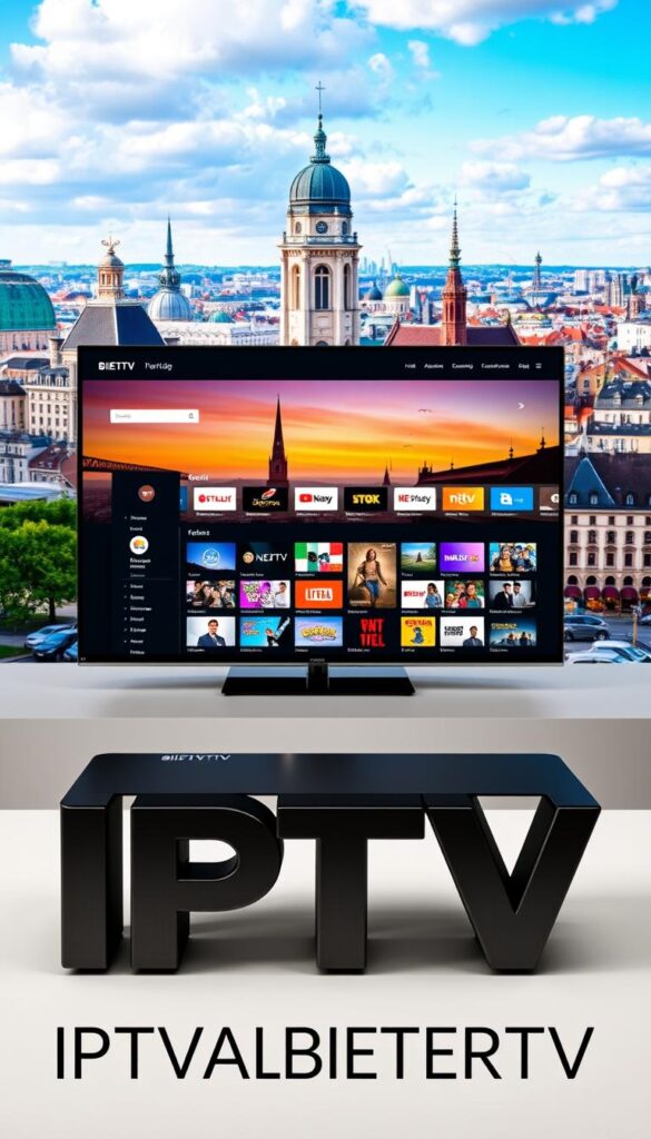 An image of a modern, sleek IPTV service provider's website and interface, showcasing its extensive channel lineup, user-friendly design, and reliable streaming capabilities. The foreground features the IPTVANBIETERTV brand name prominently displayed, with crisp typography and a sophisticated color palette. The middle ground depicts a responsive, mobile-friendly user interface, highlighting the service's wide range of content and seamless navigation. The background showcases a cityscape of Germany, with iconic landmarks and a vibrant, energetic atmosphere, conveying the service's national prominence and reliable coverage. The overall composition and lighting create a visually appealing, professional, and trustworthy impression, reflecting the leading position of IPTVANBIETERTV in the German IPTV market.