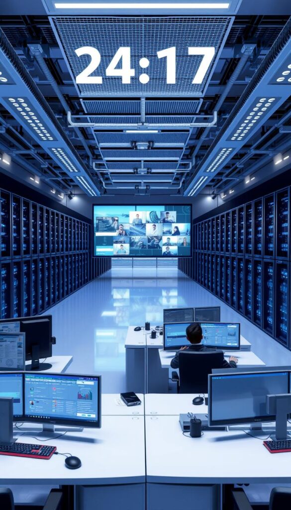 An immersive 3D rendered scene depicting the 24/7 support system of IPTVANBIETERTV, a leading IPTV provider in Germany. The foreground showcases a modern customer service center with sleek workstations, dual-screen setups, and agents in professional attire assisting customers. In the middle ground, a large video wall displays a live feed of the company's NOC (Network Operations Center), where technicians monitor network performance and address issues in real-time. The background features an expansive data center with rows of server racks, cooling systems, and a serene, futuristic ambiance illuminated by cool, blue-tinted lighting. The overall scene conveys a sense of technological sophistication, reliability, and unwavering customer support.
