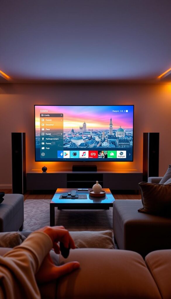 An immersive, high-quality IPTV experience in Munich with IPTVANBIETERTV. A modern, minimalist living room setting with a large, high-definition television displaying a vibrant, colorful user interface. The TV is flanked by sleek, modern speakers and surrounded by warm, indirect lighting, creating a cozy, inviting atmosphere. In the foreground, a remote control and a smartphone or tablet showcase the seamless device integration and control options. The middle ground features a comfortable sofa and coffee table, hinting at the relaxed, at-home viewing experience. The background depicts a panoramic view of the Munich skyline, showcasing the local relevance of the IPTV service.