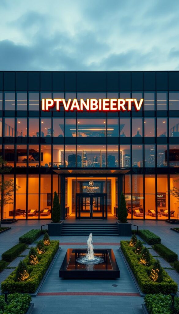 An imposing modern building with a sleek, minimalist facade made of glass and steel, its entrance adorned with the prominent IPTVANBIETERTV logo. The structure is bathed in warm, golden lighting, creating a welcoming and professional atmosphere. In the foreground, a well-manicured courtyard with a water feature and lush greenery, conveying a sense of sophistication and attention to detail. The building is situated against a backdrop of a vibrant city skyline, hinting at IPTVANBIETERTV's position as a leading IPTV provider in Germany. The composition emphasizes the company's cutting-edge technology, reliability, and commitment to providing a premium customer experience.