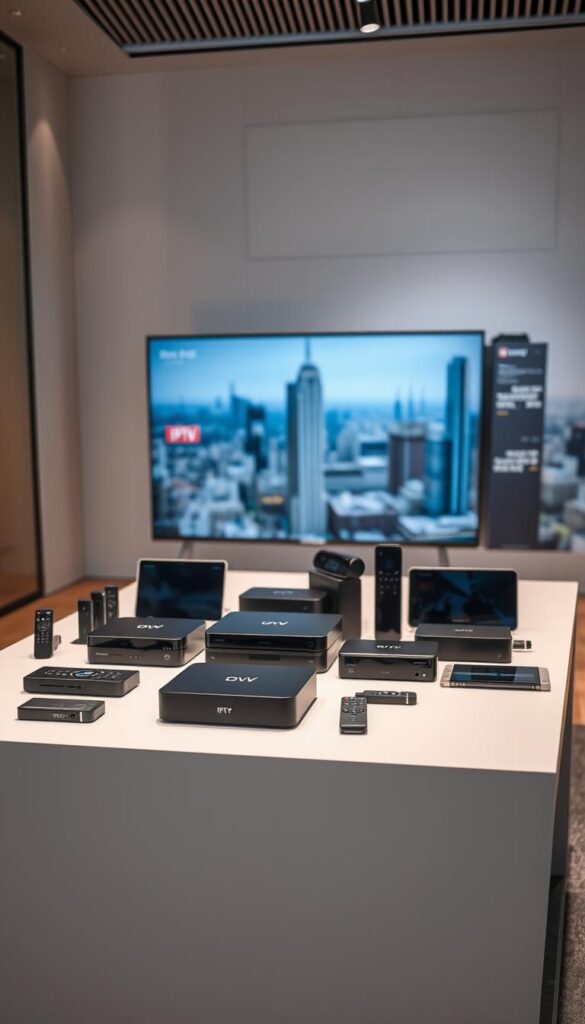An indoor scene showcasing a wide range of modern IPTV devices on a sleek, minimalist display table. The devices, including smart TV boxes, dongles, and mobile devices, are arranged in a visually appealing layout, highlighting the comprehensive device support offered by IPTVANBIETERTV. The lighting is soft and diffused, creating a sense of sophistication and professionalism. The background features a subtle, blurred cityscape, suggesting the urban, tech-savvy setting. The overall composition emphasizes the versatility and compatibility of IPTVANBIETERTV's IPTV solution, catering to the diverse needs of modern users.