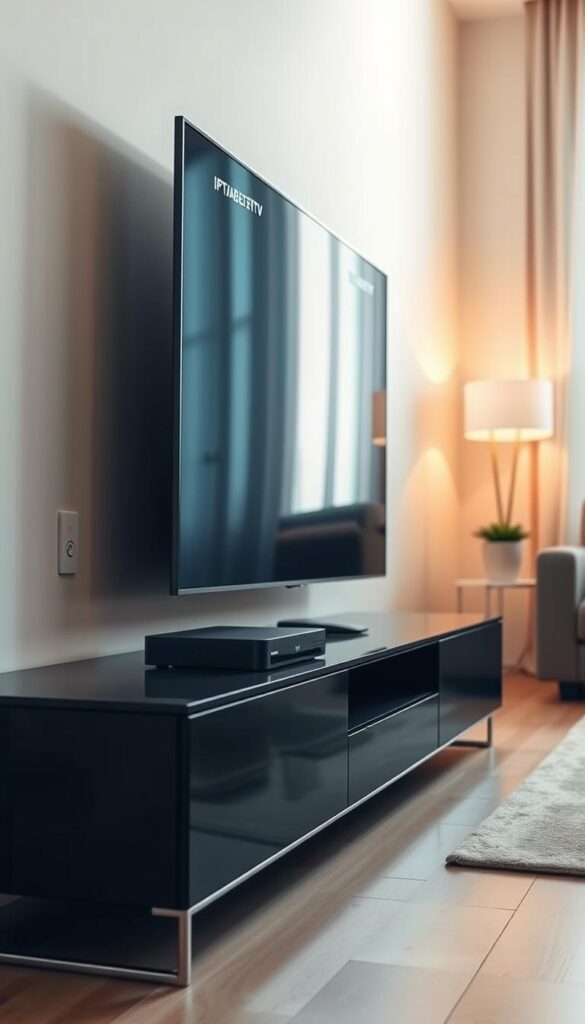 An interior scene of a modern home media setup, featuring a sleek and minimalist TV stand with a large flatscreen TV mounted on the wall. On the stand, an IPTVANBIETERTV set-top box is prominently displayed, its simple and intuitive interface visible on the screen. The room is bathed in a warm, natural light, creating a cozy and inviting atmosphere. The overall composition emphasizes the ease and convenience of the IPTV experience, with the focus on the IPTVANBIETERTV device as the central element.