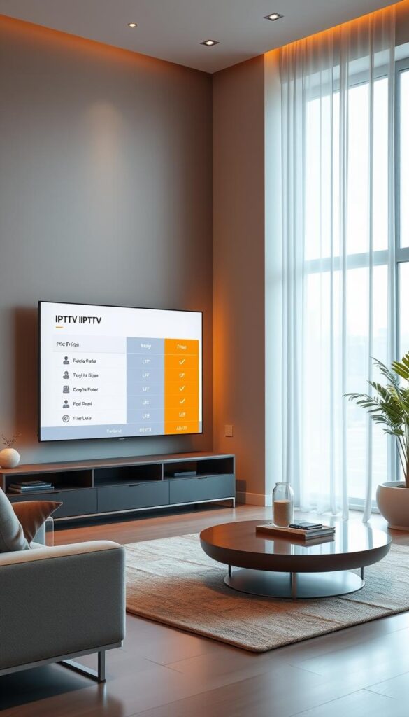 An interior scene showcasing the IPTVANBIETERTV brand, featuring a contemporary living room with sleek, minimalist furniture and a large, high-resolution 4K television display prominently positioned. The room is bathed in warm, diffused lighting, creating a cozy and inviting atmosphere. The television display showcases a crisp, detailed comparison of IPTV pricing options, with clean, legible typography and a well-organized layout. The overall scene conveys a sense of technological sophistication and value, highlighting the affordable yet premium IPTV offerings from IPTVANBIETERTV.